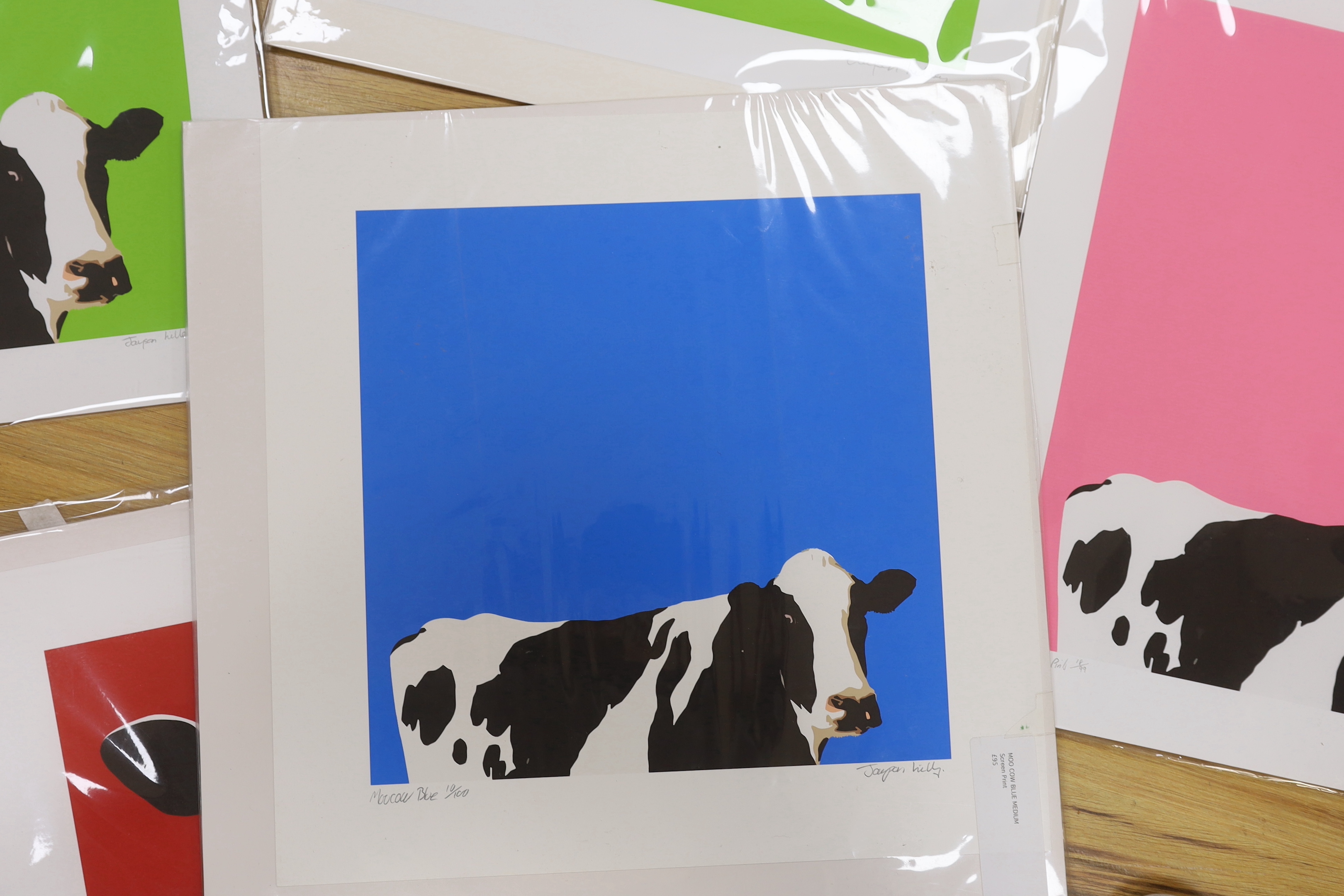 Jayson Lilley (b.1972), set of five contemporary colour screenprints, Cows including 'Mooocow Green' limited edition 59/99, and 'Isobel', limited edition 8/100, each signed in pencil, each 50 x 50cm, unframed